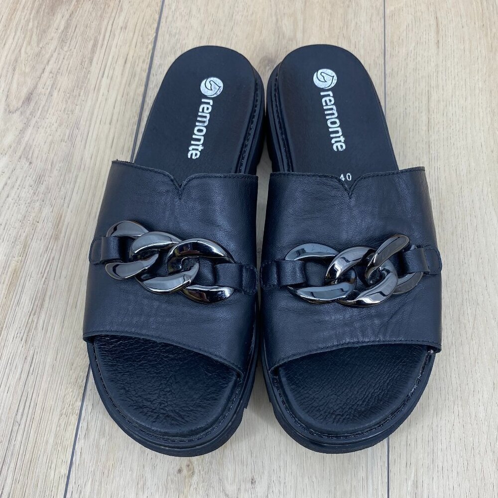 Remonte Leather Slide In Black Chunky Sandals Sz 8.5/9​​​​